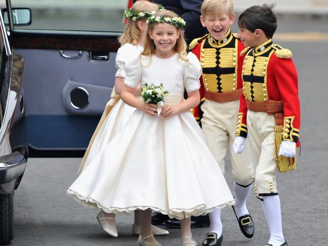 Tom Pettifer laughs as he arrives with Master William Lowther-Pinkerton, Lady Louise Windsor and Margarita Armstrong-Jones to attend Prince William to Catherine’s wedding at Westminster Abbey. Picture: Getty