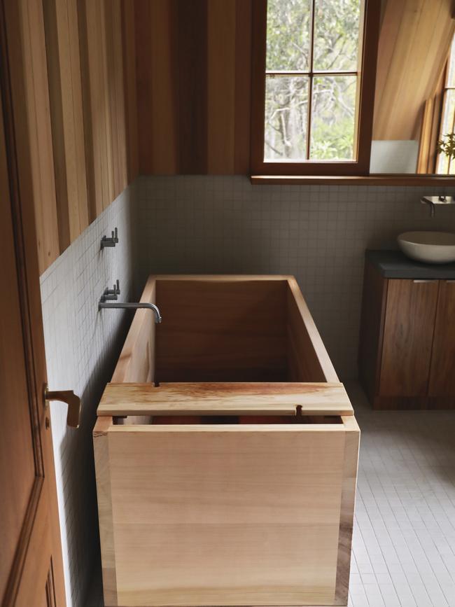 The luxurious ryokan-inspired cedar bathtub at Provider House, in Lenah Valley. Picture: Supplied