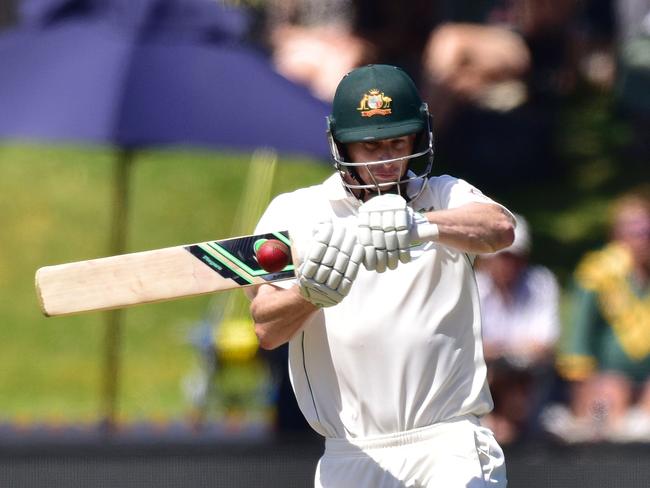 Adam Voges of Australia plays a shot during day three of the first cricket Test match between New Zealand and Australia at the Basin Reserve in Wellington on February 14, 2016. / AFP / Marty Melville