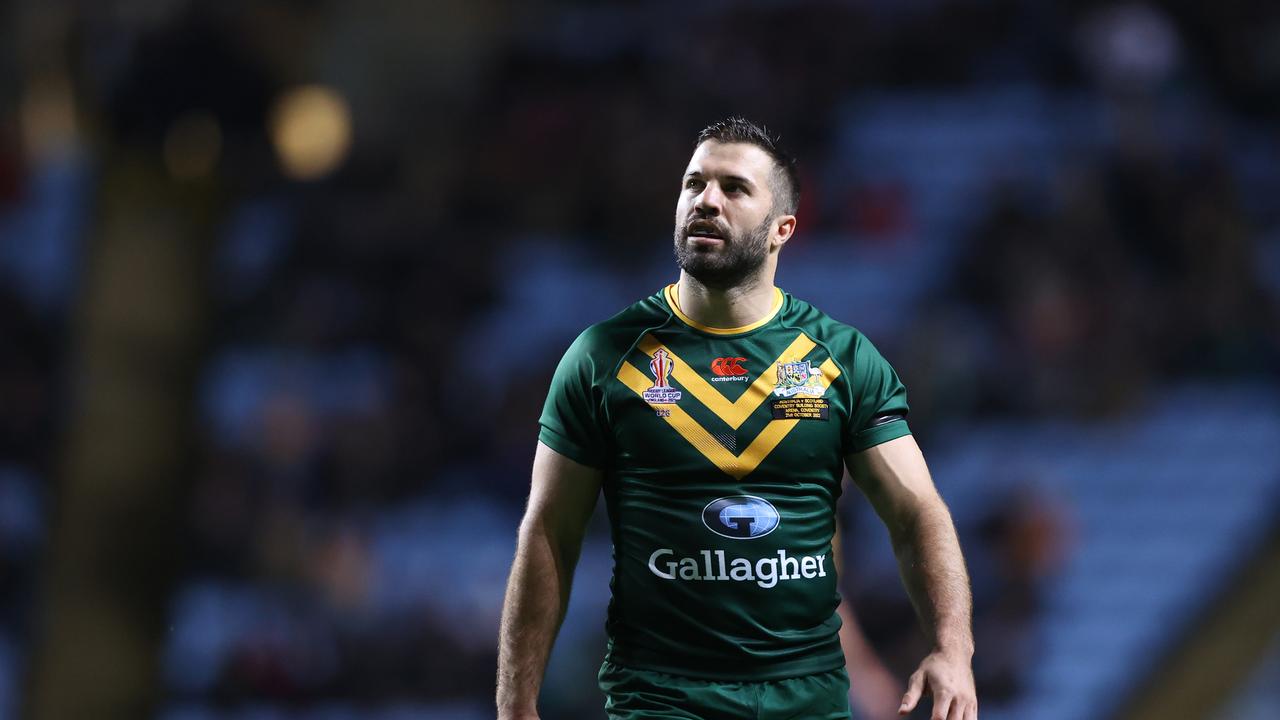 COVENTRY, ENGLAND - OCTOBER 21: James Tedesco of Australia looks on during the Rugby League World Cup 2021 Pool B match between Australia and Scotland at The Coventry Building Society Arena on October 21, 2022 in Coventry, England. (Photo by Naomi Baker/Getty Images)