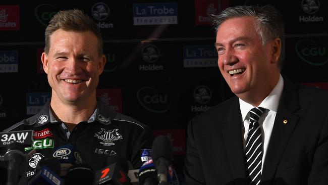 Fun times ... Nathan Buckley with Eddie McGuire as the club announced the coach’s contract extension. Pic: Getty Images