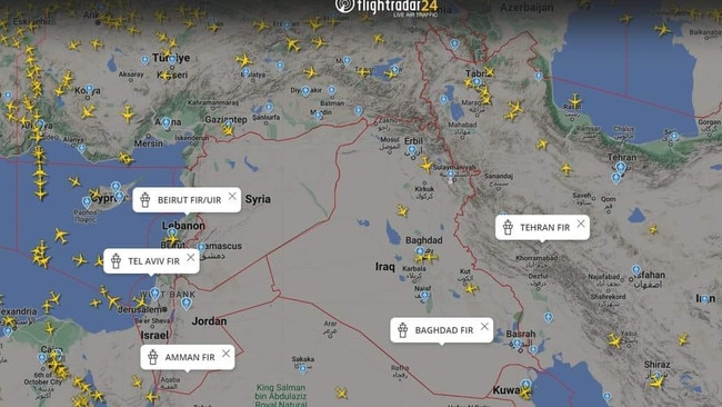 The closed airspaces on Sunday. Picture: FlightRadar24