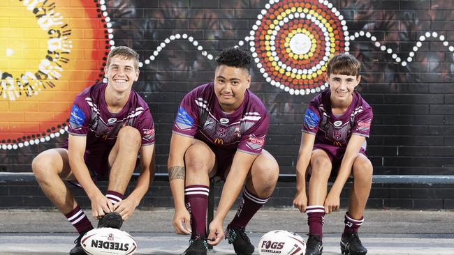 Bailey, Axe and Cooper from Beenleigh SHS Titans Schools League posing at Beenleigh SHS at 40 Alamein St, Beenleigh, Brisbane 29th of April 2021. (News Corp/Attila Csaszar)