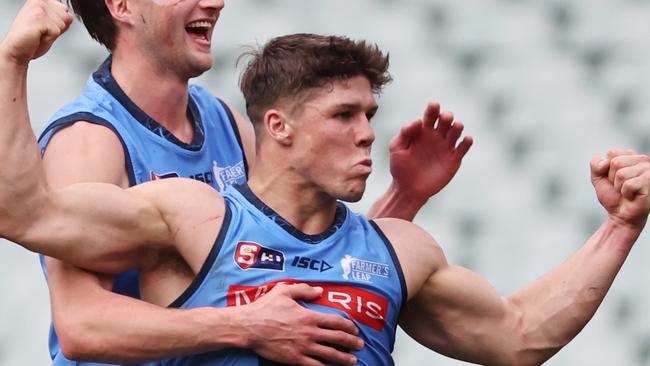 Tom Lewis from Sturt (R) celebrates a goal during the Preliminary Final SANFL match between Sturt and Adelaide at Adelaide Oval in Adelaide, Sunday, September 17, 2023. (SANFL Image/David Mariuz)