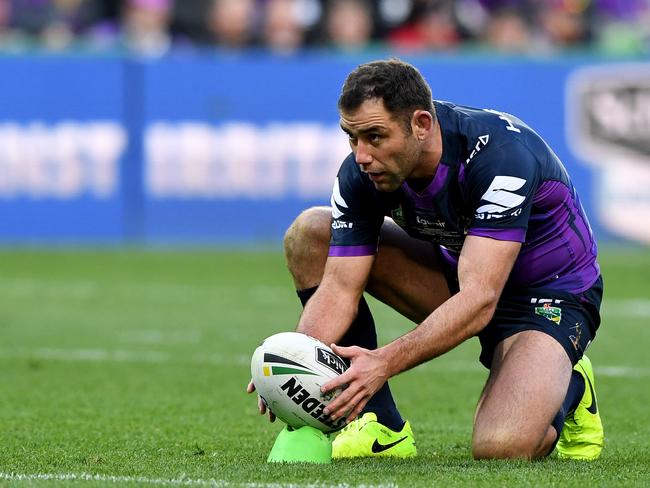 Cameron Smith of the Storm kicks a conversion during the NRL qualifying final between the Melbourne Storm and the Parramatta Eels at AAMI park in Melbourne, Saturday September 9, 2017. (AAP Image/Joe Castro) NO ARCHIVING, EDITORIAL USE ONLY