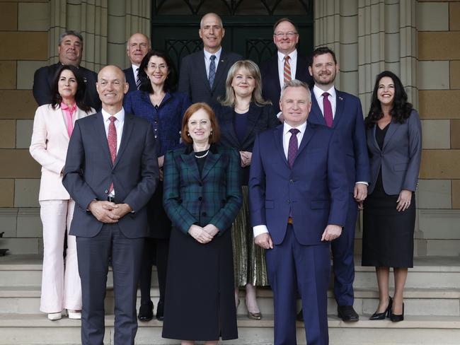 Front L-R Deputy Premier Guy Barnett, Governor of Tasmania Her Excellency Barbara Baker, Premier Jeremy Rockliff.  Middle L-R Minister Jo Palmer, Minister Jacquie Petrusma, Minister Madeleine Ogilvie, Minister Felix Ellis, Minister Jane Howlett.  Back L-R Minister Kerry Vincent, Minister Eric Abetz, Minister Nick Duigan, Minister Roger Jaensch.  New Tasmanian government cabinet swearing in at government house in Hobart.  Picture: Nikki Davis-Jones