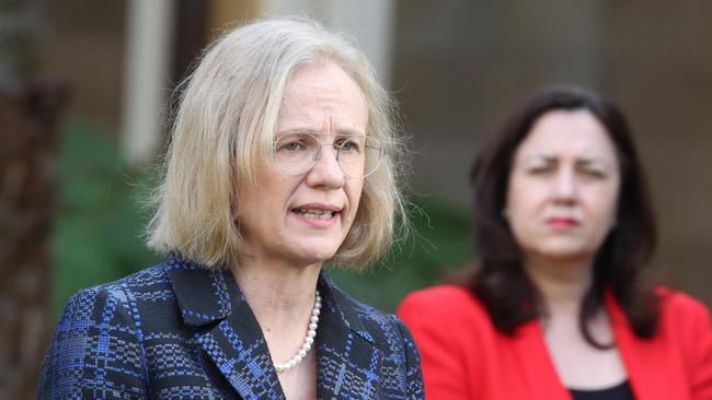 Chief Health Officer Jeannette Young and Premier Annastacia Palaszczuk address the media on Monday. Picture: Annette Dew