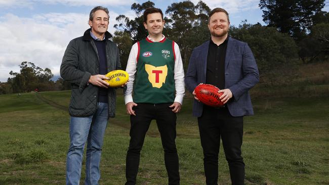 Brendan Blomeley mayor Clarence City Council, Dean Winter Labor leader, Luke Edmunds Labor member for Pembroke at the proposed site of the AFL High Performance Centre at the old Rosny Golf Course site. Picture: Nikki Davis-Jones