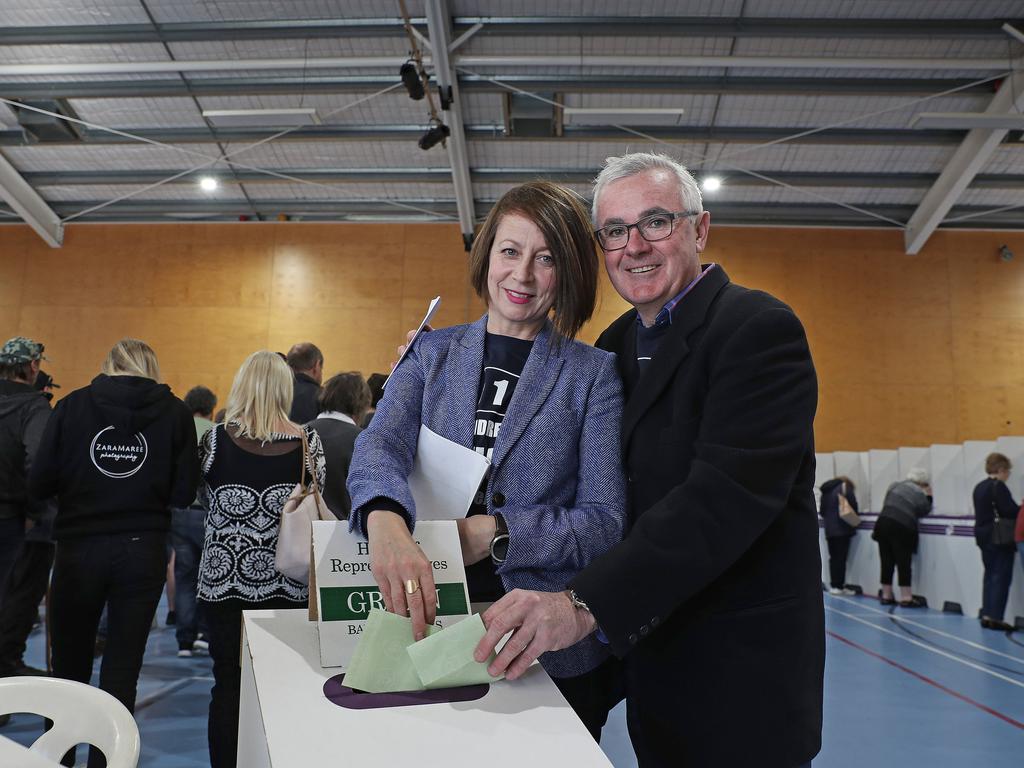 Independent member for Clark, Andrew Wilkie with fiancee Dr Clare Ballingall voting at the polling booth at Glenorchy Primary School. Picture: LUKE BOWDEN