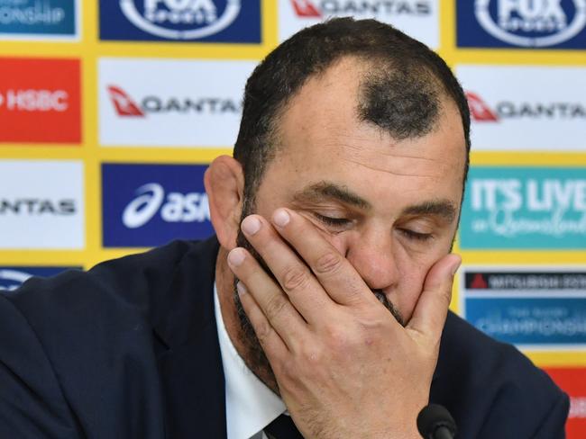 Australian coach Michael Cheika is seen during the post match press conference after the Rugby Championship match between Australia and Argentina at Cbus Super Stadium on the Gold Coast, Saturday, September 15, 2018. (AAP Image/Darren England) NO ARCHIVING, EDITORIAL USE ONLY