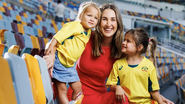 Rachel Khawaja with kids Aisha and Ayla at the Gabba ahead of the Third test between Australia and India. Picture: Lachie Millard