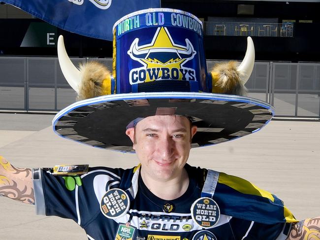 Die-hard Cowboys fan Benn Cox outside the Queensland Country Bank Stadium. (HE IS HAPPY TO DO RESHOOT AT DUSK ON tUESDAY) Picture: Evan Morgan