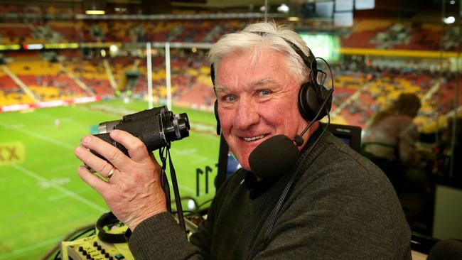 Ray Warren prepares to call State of Origin Game 2 with his trusty binoculars at Suncorp Stadium , Brisbane . Picture : Gregg Porteous