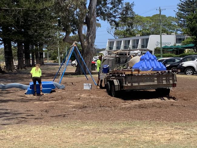 Workers take down parts of the playground in Banner Park, Brunswick Heads on Tuesday, December 1, 2020. Picture: Liana Boss