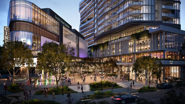 ARTISTS IMPRESSION, , Brisbane City: Aviary by State Development Corporation in partnership with White & Partners Sydney., $450m, Lodged: April 2020, Approved: October 2020, 150 residential apartments, 30 retail shops and a large office tower, as well as a fresh food market, an elevated outdoor dining precinct, cinemas, and services such as a medical centre and childcare facilities.