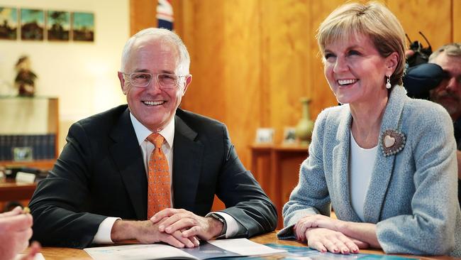 Prime Minister Malcolm Turnbull speaks with Minister for Foreign Affairs Julie Bishop in his office. Picture: Stefan Postles/Getty Images