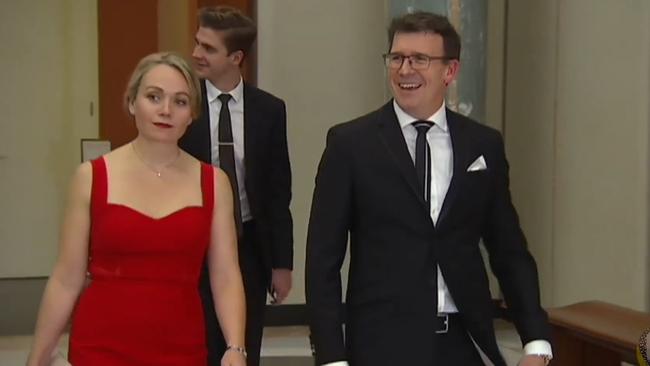 Liberal staffer Rachelle Miller and minister Alan Tudge, who were having an affair at the time, arrive at the 2017 federal parliament Midwinter Ball