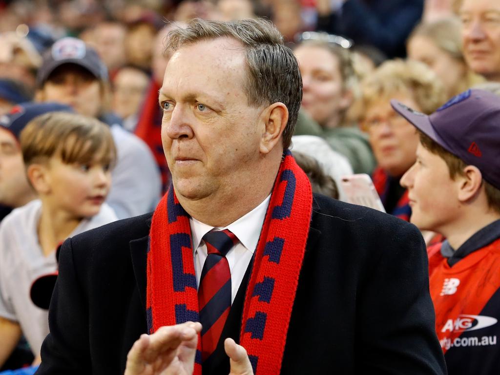 MELBOURNE, AUSTRALIA - AUGUST 26: Demons president Glen Bartlett celebrates the club making the finals during the 2018 AFL round 23 match between the Melbourne Demons and the GWS Giants at The Melbourne Cricket Ground on August 26, 2018 in Melbourne, Australia. (Photo by Adam Trafford/AFL Media)