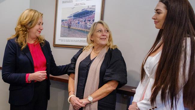 Annastacia Palaszczuk, left, Vicki Blackburn and Shannah Blackburn on Monday. Picture: Jack Simmons