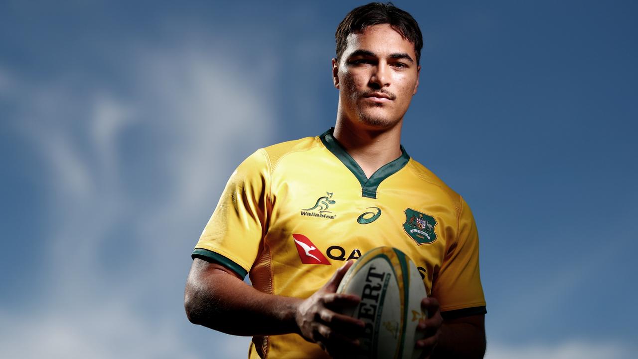 Jordan Petaia poses during a Wallabies media opportunity at Ballymore Stadium.