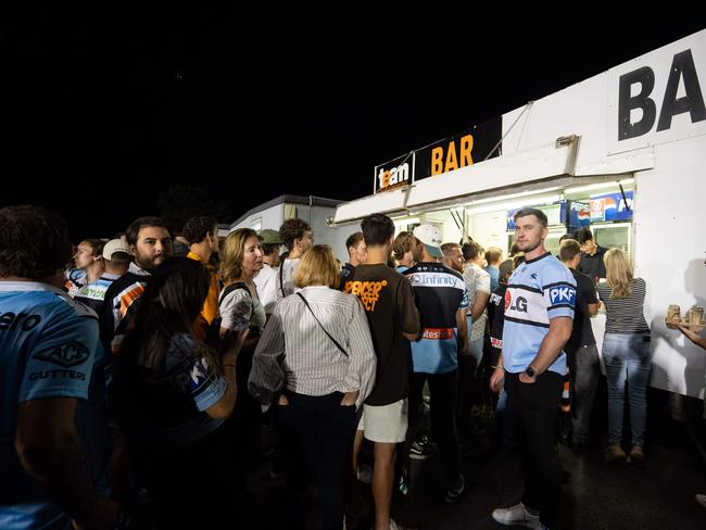Lines or the bars stretched to extreme lengths at Leichhardt Oval during the Tigers’ round three clash with Cronulla. Picture: Tom Parrish
