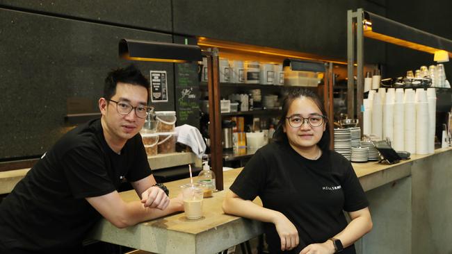 Lisanti and Willy at Hils Bros cafe in Martin Place. John Feder/The Daily Telegraph.