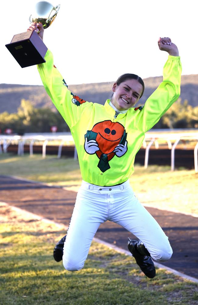 Alice Springs Cup-winning jockey Jade Hampson celebrates her win. Picture: Nikki Westover