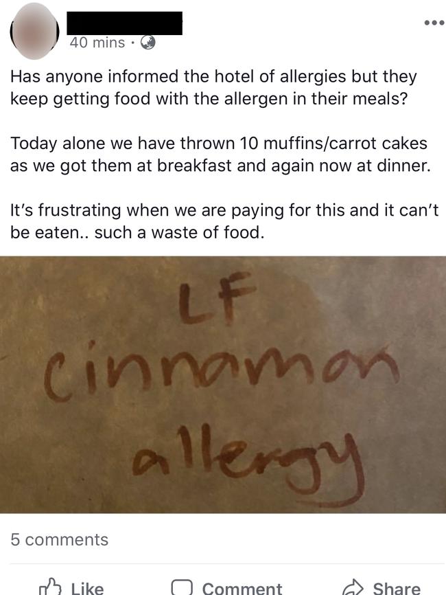 A Victorian schoolteacher posted about repeatedly being served food containing her allergen – cinnamon. Ingesting the spice makes her swell up. Picture: supplied.