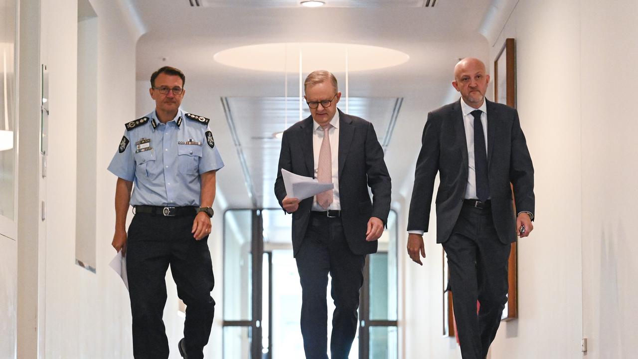 Australian Federal Police Commissioner Reece Kershaw, Mr Albanese and ASIO director-general of security Mike Burgess. Picture: NCA NewsWire / Martin Ollman