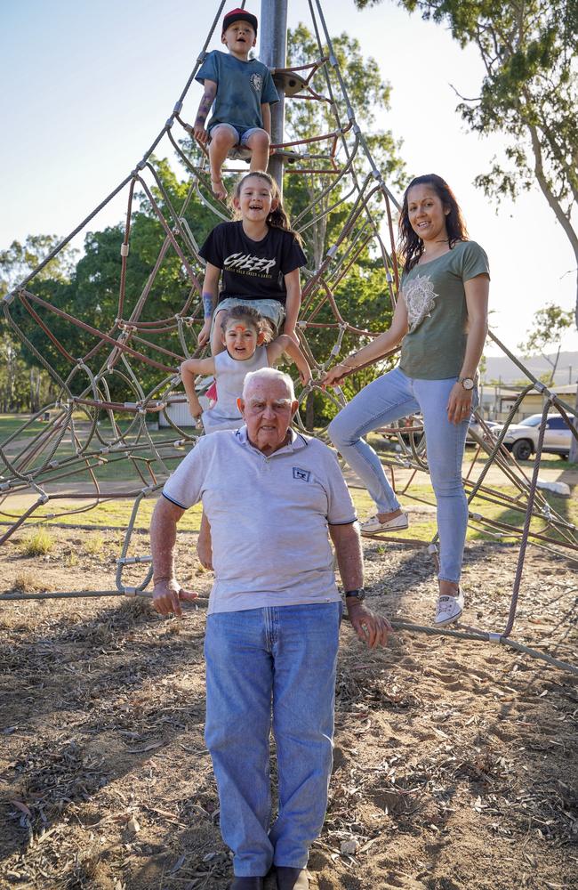 Pop Bill O'Connor with daughter Kathleen Stirling and grandchildren Levi Stirling, 7, Indian Stirling, 9, and Dakota Stirling, 5, all of Sarina, at the 50th anniversary celebrations of the Coppabella township. Mr O’Connor said he lived in a caravan until Queensland Rail offered him a home at $25 a week including rates and electricity. Picture: Heidi Petith