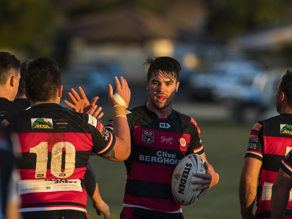 Daniel Bain celebrates a Valleys try against Oakey in TRL A grade round 10 rugby league at Herb Steinohrt Oval, Sunday, June 20, 2021. Picture: Kevin Farmer