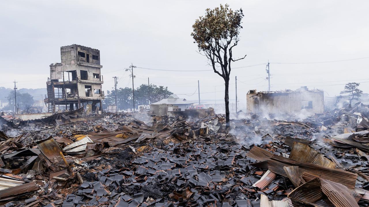 Many buildings were destroyed by fire after earthquakes in Wajima. Picture: Buddhika Weerasinghe/Getty Images