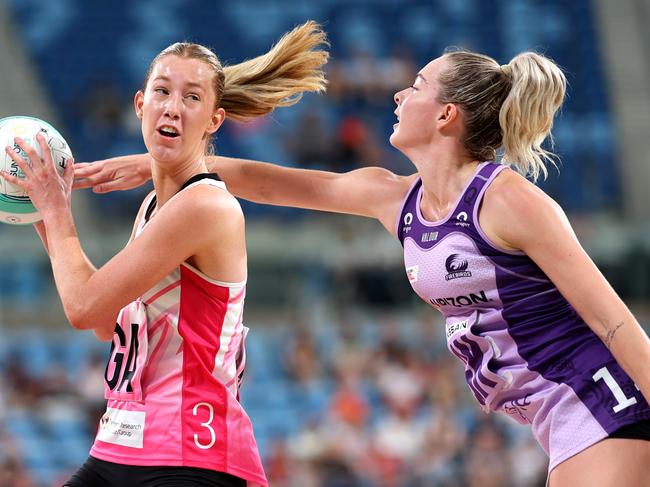 Lauren Frewsecures possession during the 2024 Suncorp Team Girls Cup match between the Thunderbirds and the Firebirds. Picture: Mark Metcalfe/Getty Images for Netball Australia.