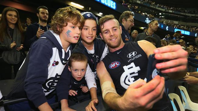 Sam Docherty takes a selfie with fans after their win over the Lions in 2016. Pic. Michael Dodge/Getty Images)