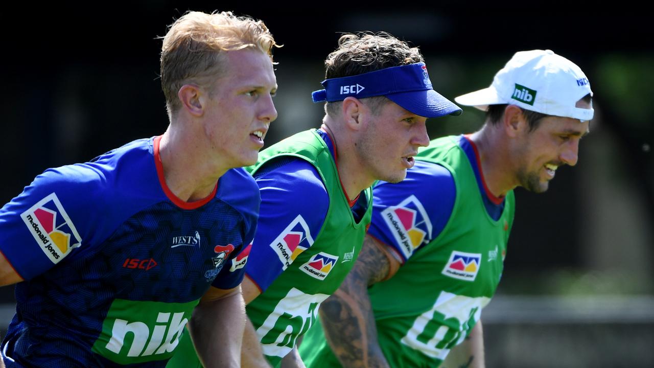 8/1/19 Knights player (LtoR) Phoenix Crossland, Kurt Mann, Mitchell Pearce during a training session at Wests at Mayfield in Newcastle. Tracey Nearmy/Daily Telegraph