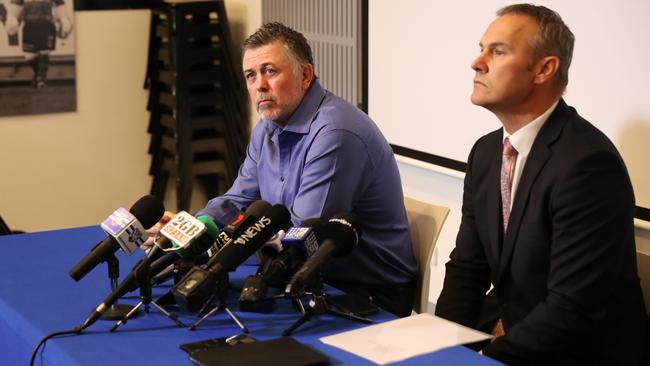 Canterbury coach Dean Pay and club chief executive Andrew Hill front the media during a press conference at Belmore Sportsground on Wednesday. Picture: Rohan Kelly