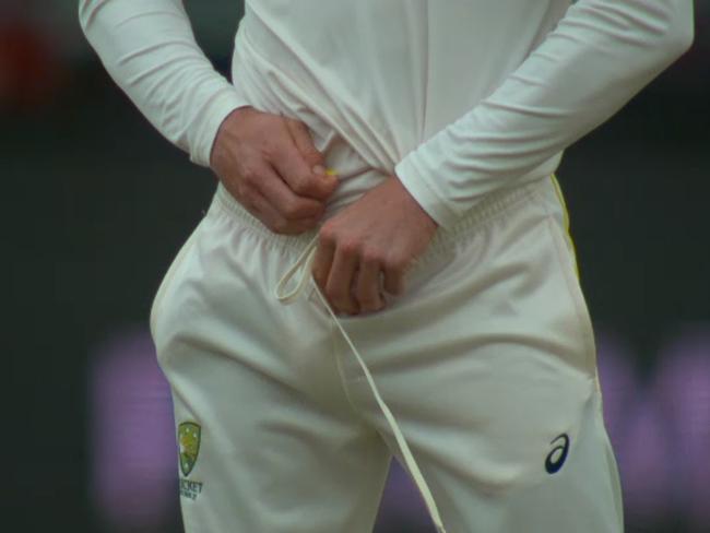 Bancroft tries to hide the evidence. Picture: Fox Sports