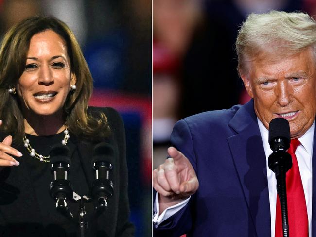 (COMBO) This combination of pictures created on November 04, 2024 shows US Vice President and Democratic presidential candidate Kamala Harris (L) speaks during a campaign rally on the Benjamin Franklin Parkway in Philadelphia, Pennsylvania on November 4, 2024, and former US President and Republican presidential candidate Donald Trump (R) speaks during a campaign rally at Van Andel Arena in Grand Rapids, Michigan on November 5, 2024. (Photo by ANGELA WEISS and KAMIL KRZACZYNSKI / AFP)