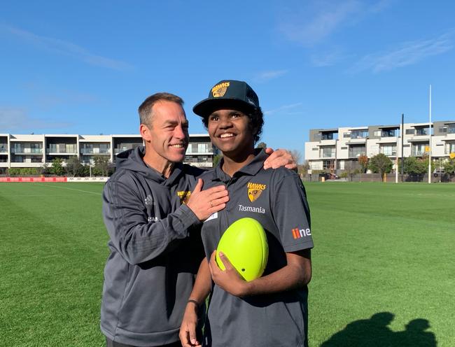 Hawthorn coach Alastair Clarkson with Cebby Johnson, the Hawks’ first ever signed AFL Blind player. Picture: Supplied