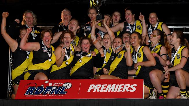 Kyneton pose with the premiership cup after winning the 2023 Rookie Me RDFNL WomenÃs Grand Final match between Kyneton and Macedon at Gilbert Gordon Oval in Woodend, Victoria on August 5, 2023. (Photo by Josh Chadwick)