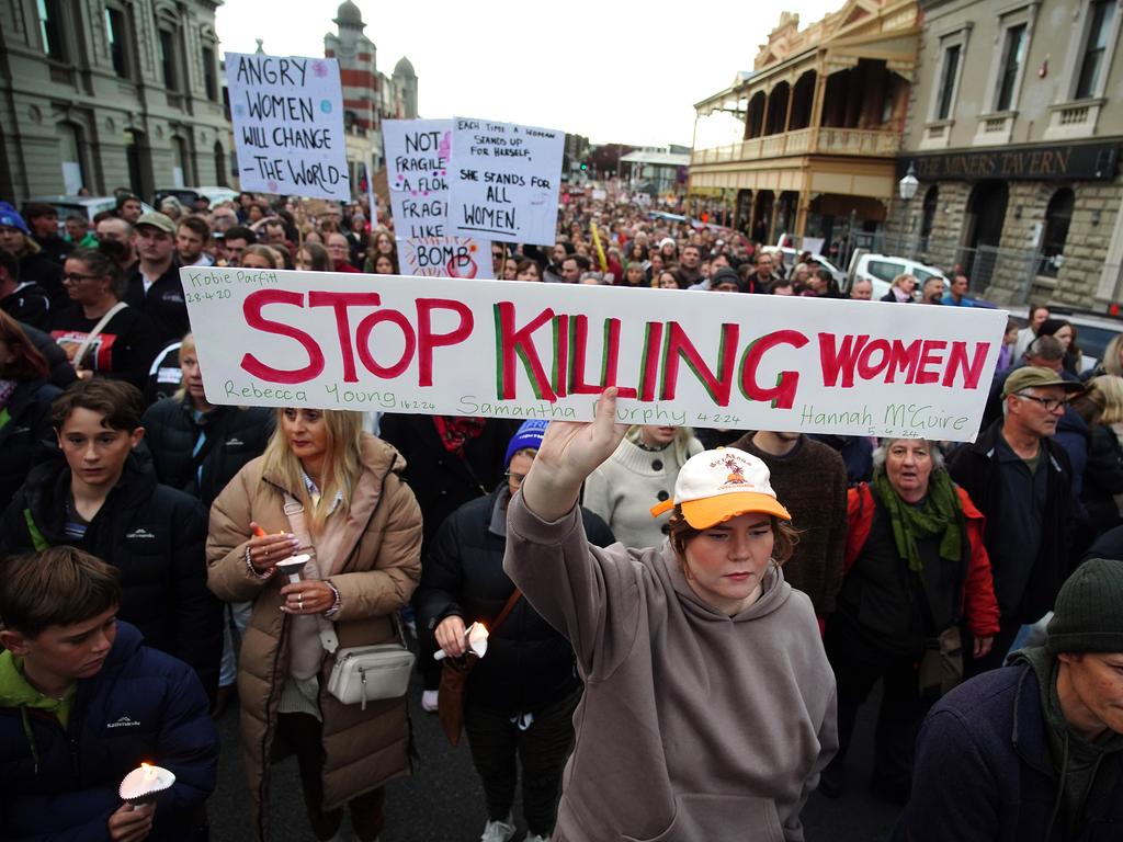 The Ballarat rally in April was sparked by a higher-than-average rate of female deaths in 2024, and specifically the deaths of Ballarat women Samantha Murphy, Rebecca Young and Hannah McGuire. Picture: NCA NewsWire / Luis Enrique Ascui