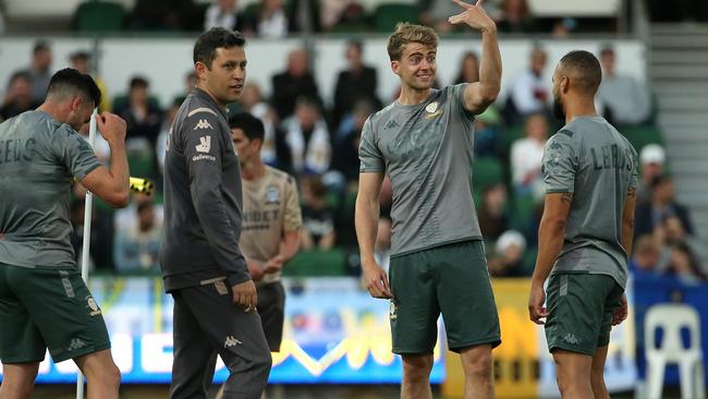 Leeds players, including striker Patrick Bamford (second right) at training in Perth on Tuesday night. They play Manchester United in Perth on Wednesday night before facing Western Sydney Wanderers in Sydney on Saturday night. Picture: Getty Images