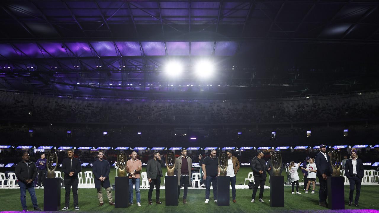 Past Storm players are seen with their past Premiership Trophies before the round 22 NRL match between Melbourne Storm and Parramatta Eels. (Photo by Daniel Pockett/Getty Images)