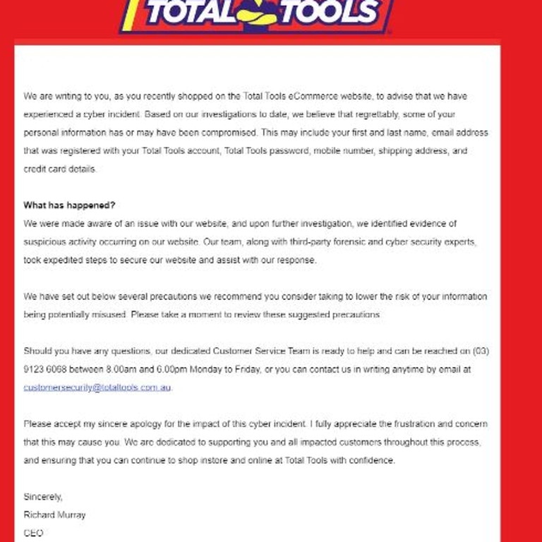 Total Tools sent out an email to customers. Picture: Reddit