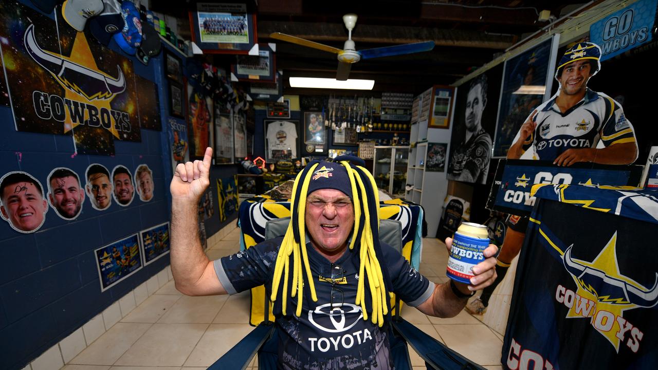 Darryl Serrurier at his Cowboys man cave at his Kirwan home. Picture: Evan Morgan