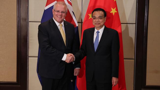 What methods to repair relations will Scott Morrison offer when he next meets China’s Premier Li Keqiang? Picture: Adam Taylor/PMO