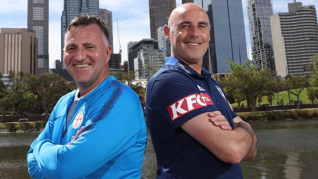 Melbourne City coach Warren Joyce, left, and Melbourne Victory coach Kevin Muscat. Picture: AAP