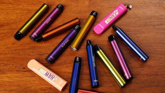 Some of the disposable nicotine vape pens being sold to teens. Picture: Tim Hunter