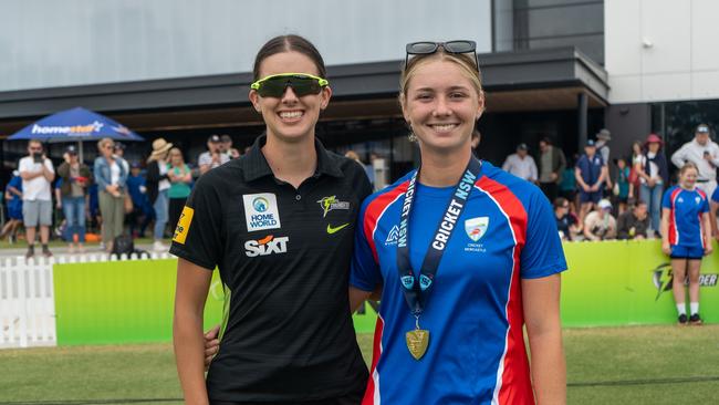 Tara French (right) was named player of the match as the Newcastle Blasters took out the 2023 Country Bash final. Picture: Cricket NSW