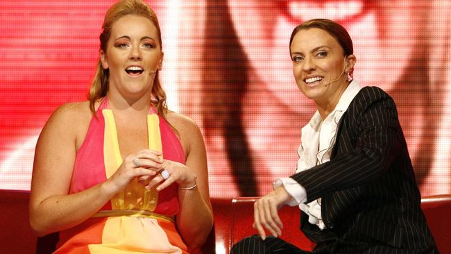 Kate with Big Brother host Gretel Killeen during her eviction at Dreamworld.